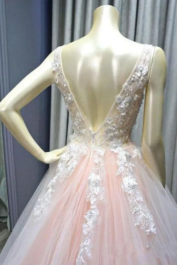 New Arrival Pink Tulle Lace Appliques V Neck Long Prom Dresses, Evening Dress, SP586