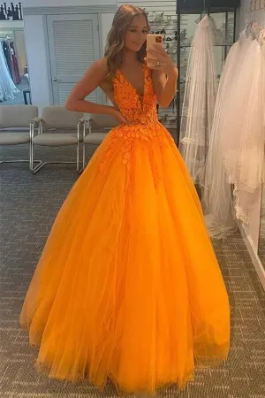 Orange Tulle A-line V-neck Lace Appliques Prom Dresses, Evening Gown, SP869