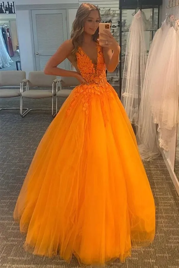 Orange Tulle A-line V-neck Lace Appliques Prom Dresses, Evening Gown, SP869