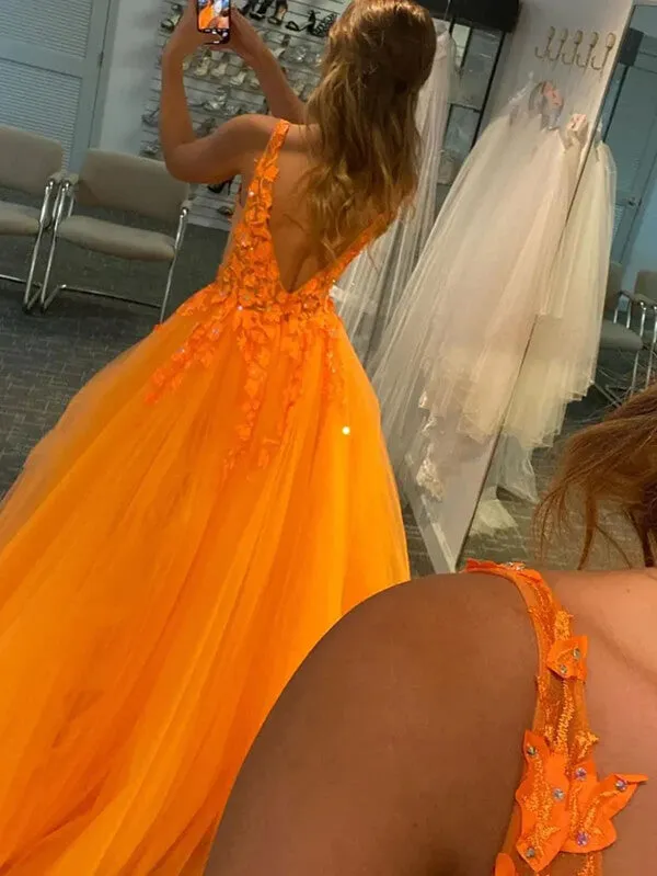 Orange Tulle A-line V-neck Lace Appliques Prom Dresses, Evening Gown, SP869