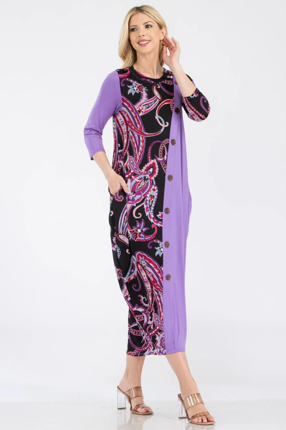 Paisley Contrast Midi Dress with Pockets