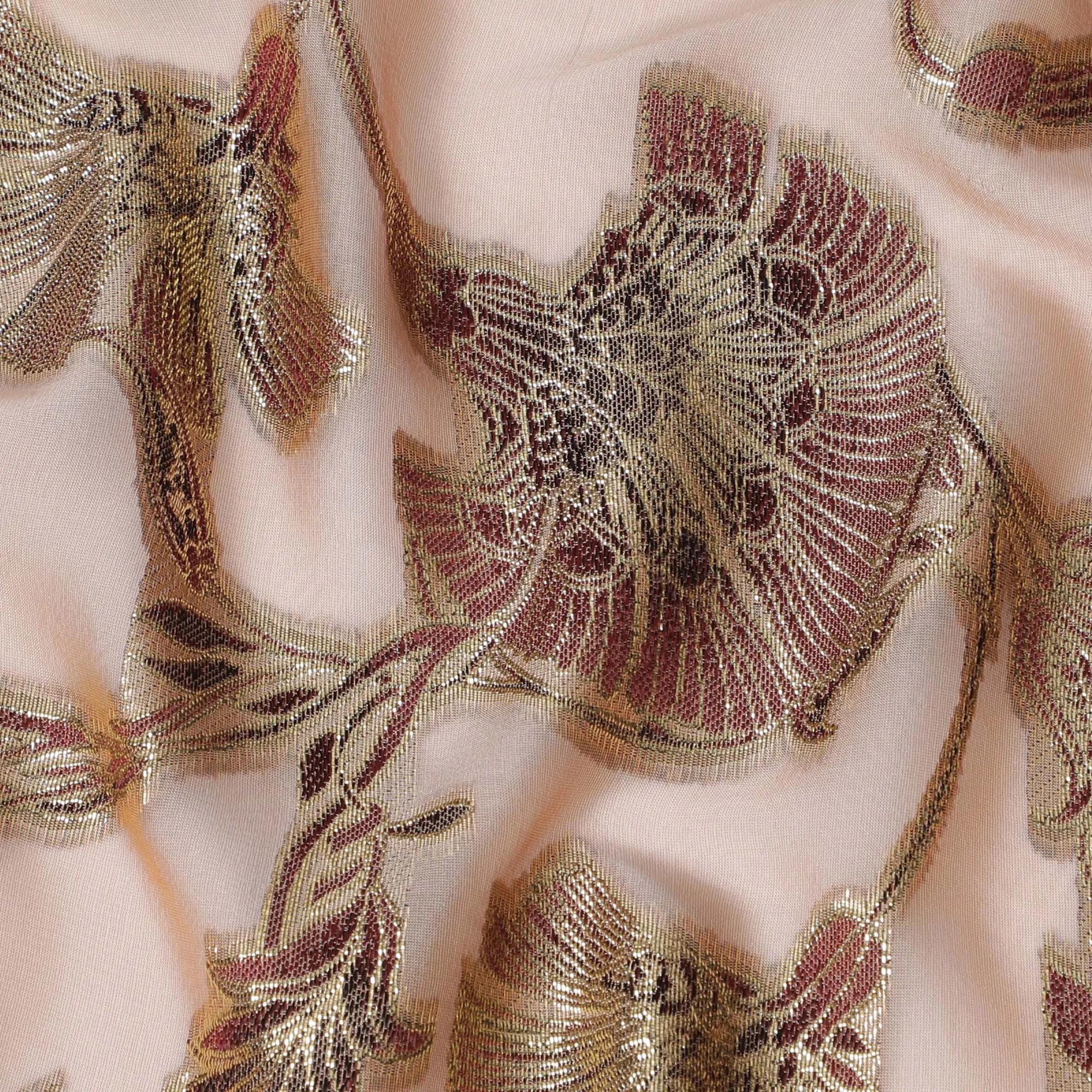 Peach Silk Chiffon (Fransawi) Fabric with Metallic Lurex Floral Design, 110 cm Width-D19733