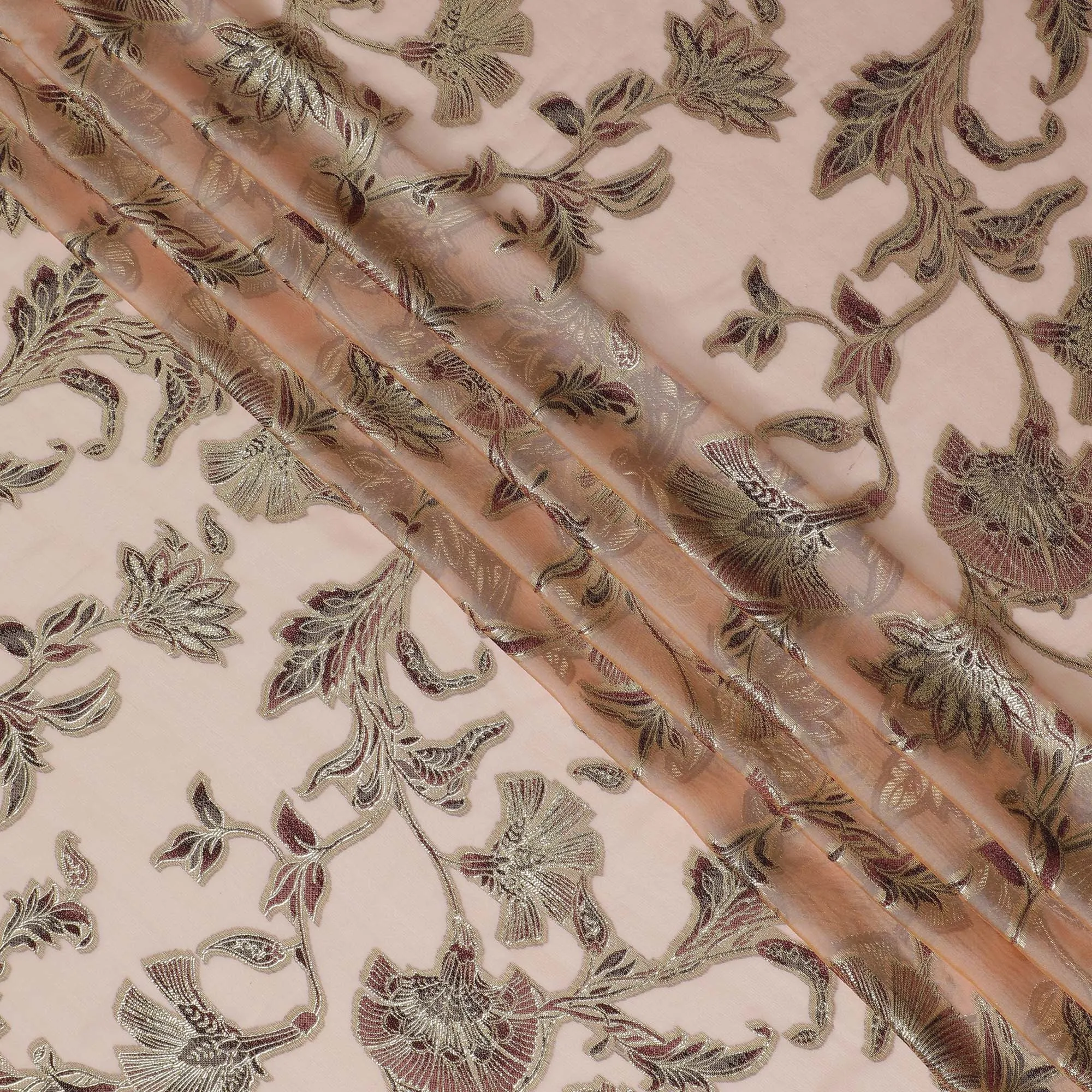 Peach Silk Chiffon (Fransawi) Fabric with Metallic Lurex Floral Design, 110 cm Width-D19733