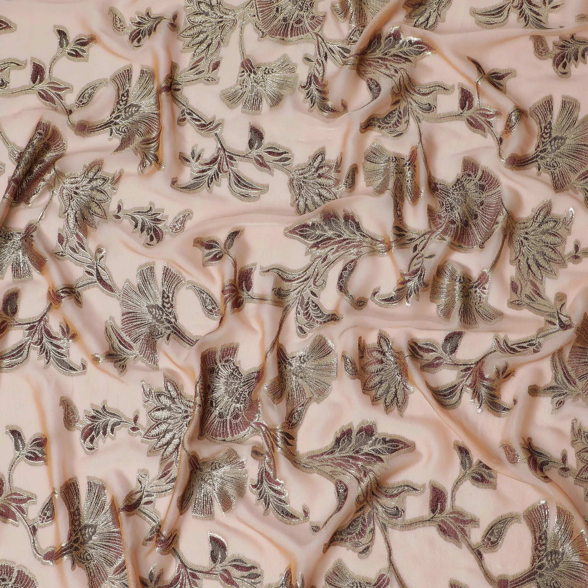 Peach Silk Chiffon (Fransawi) Fabric with Metallic Lurex Floral Design, 110 cm Width-D19733