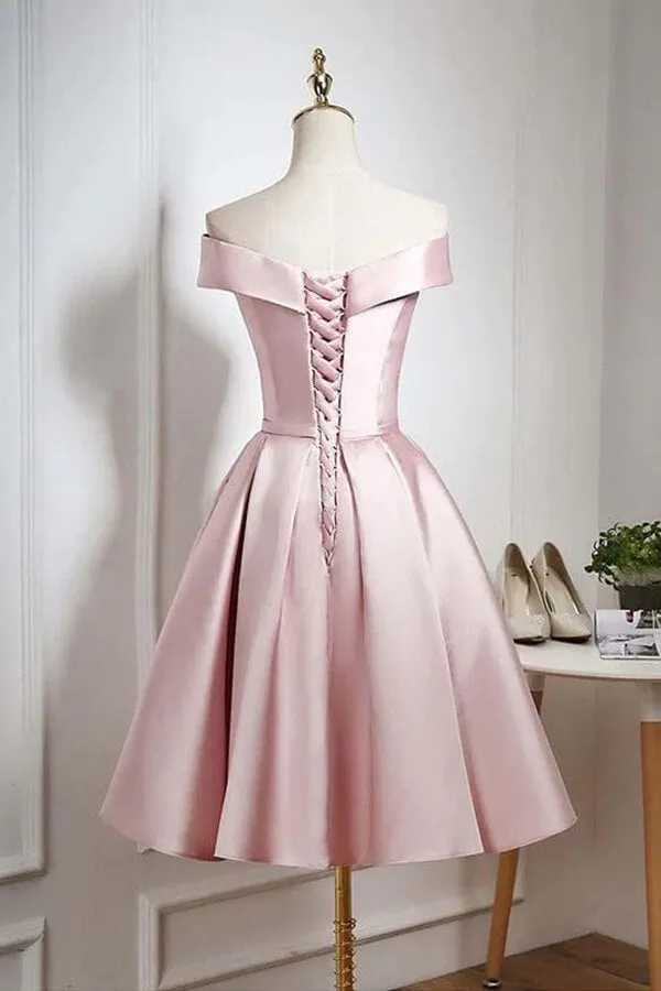 Pearl Pink Off-the-Shoulder Knee Length Homecoming Dresses With Ruffle, SH560