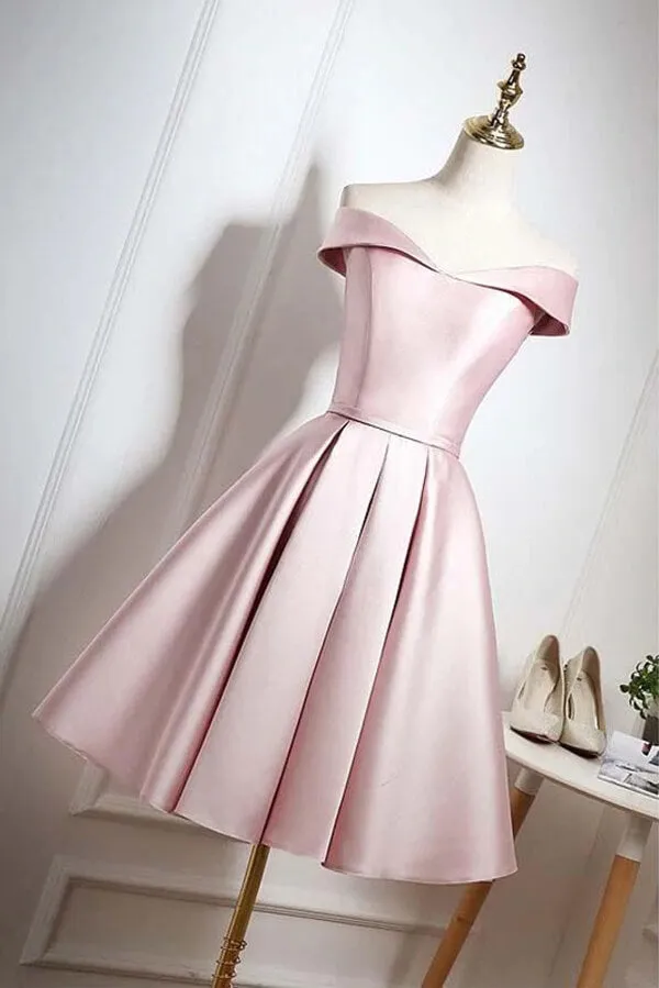 Pearl Pink Off-the-Shoulder Knee Length Homecoming Dresses With Ruffle, SH560