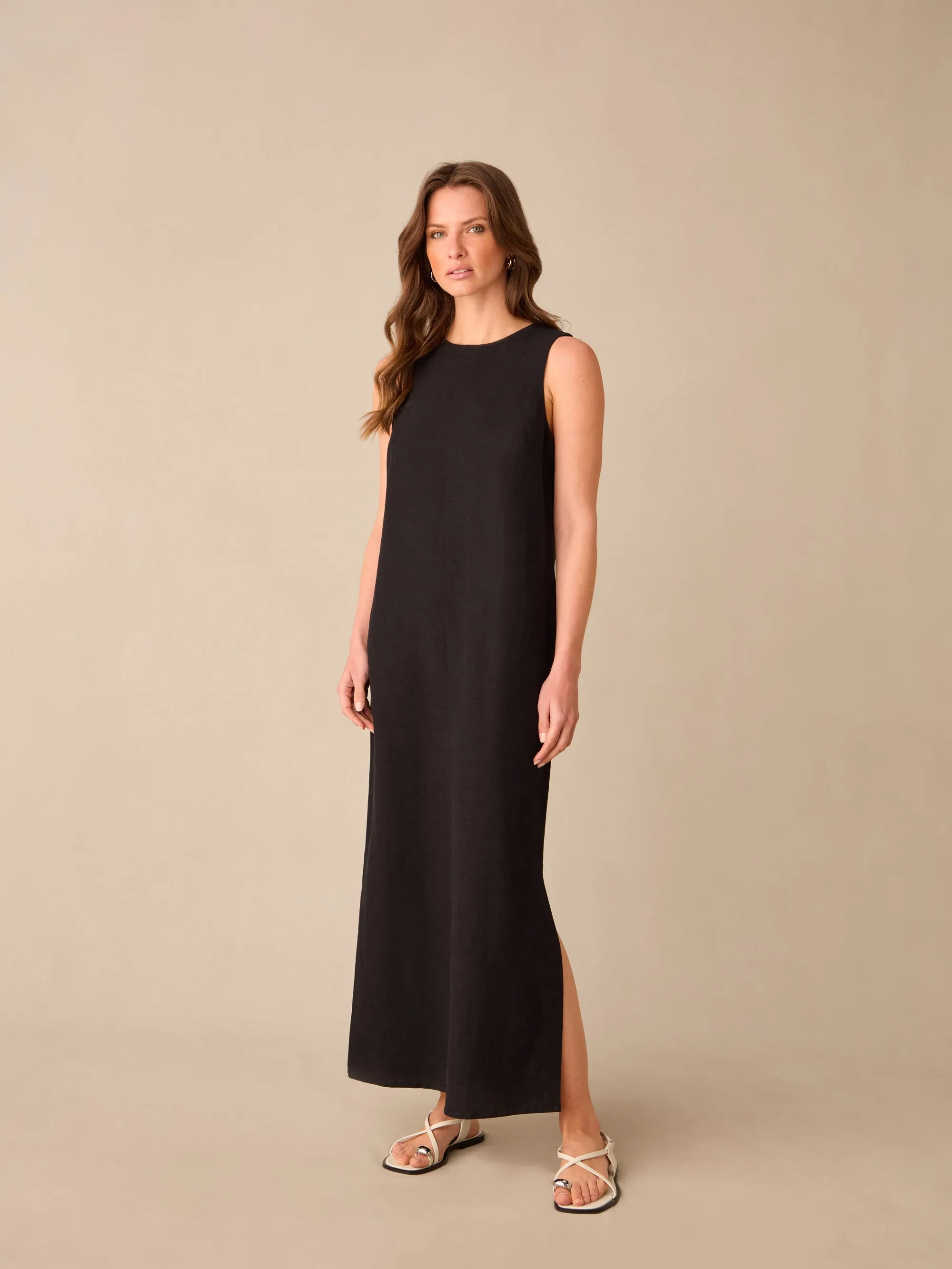 Petite Black Linen-blend Tie Waist Column Midi Dress