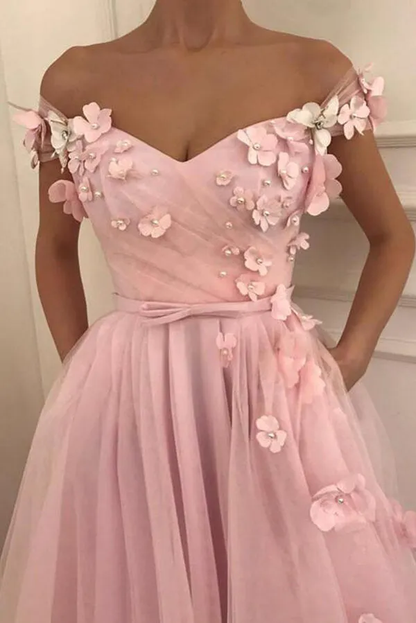 Pink 3D Floral Off-the-Shoulder Long Prom Dresses, Evening Dresses, SP692