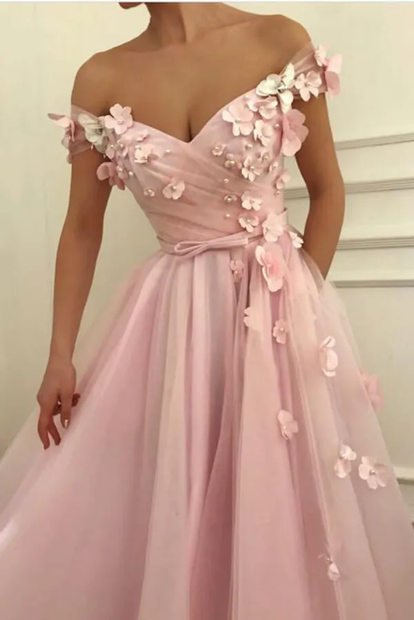 Pink 3D Floral Off-the-Shoulder Long Prom Dresses, Evening Dresses, SP692