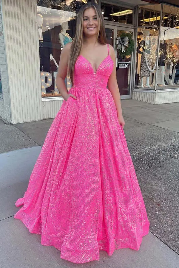 Pink A-line Spaghetti Straps Long Prom Dresses With Pockets, Party Dress, SP962