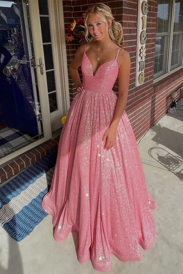 Pink A-line Spaghetti Straps Long Prom Dresses With Pockets, Party Dress, SP962