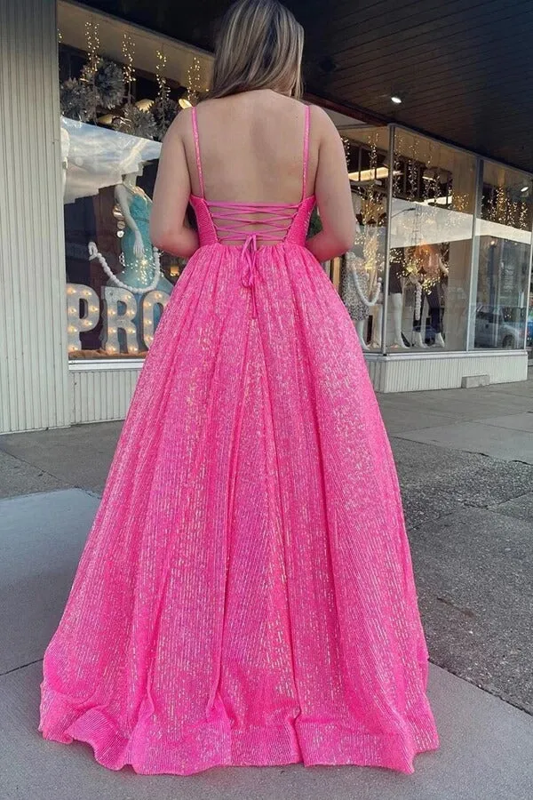 Pink A-line Spaghetti Straps Long Prom Dresses With Pockets, Party Dress, SP962