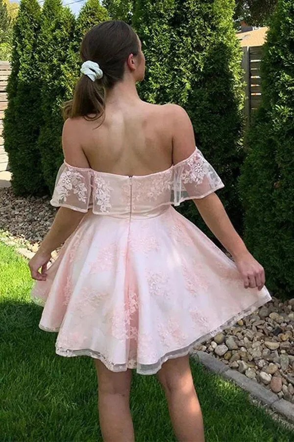 Pink Lace A Line Off the Shoulder Short Prom Dresses, Homecoming Dresses, SH577