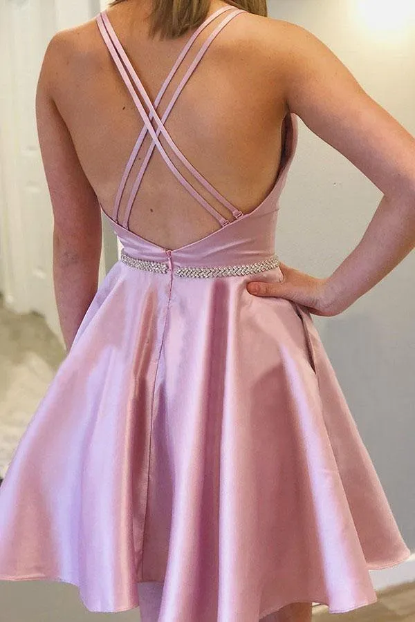 Pink Satin A-line Halter Beaded Homecoming Dresses, Short Prom Dresses, SH565