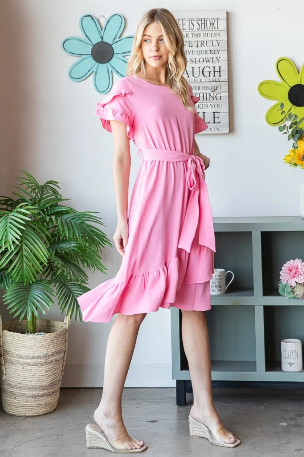 Pink Tied Waist Summer Dress