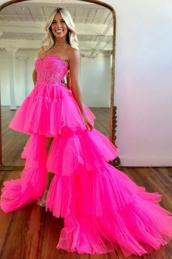 Pink Tiered Tulle High Low Sweetheart Neck Long Prom Dress, Party Dress, SP929