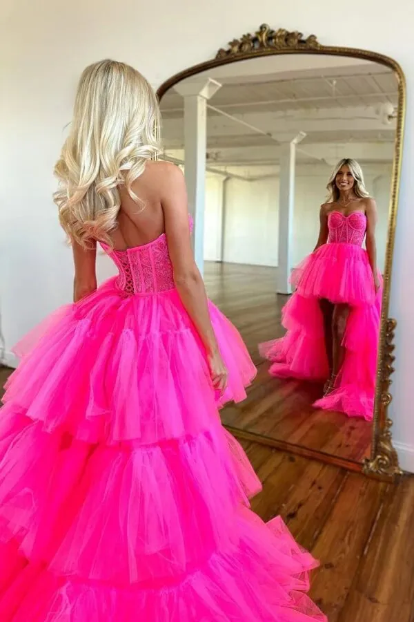 Pink Tiered Tulle High Low Sweetheart Neck Long Prom Dress, Party Dress, SP929