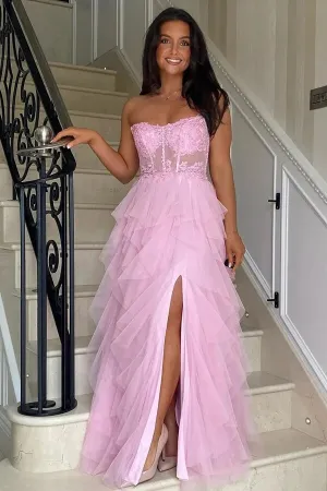 Pink Tulle A-line Ruffles Corset Lace Appliques Prom Dresses With Slit, SLP022