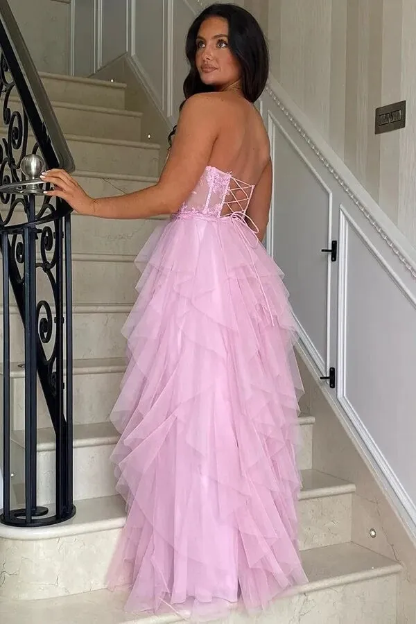 Pink Tulle A-line Ruffles Corset Lace Appliques Prom Dresses With Slit, SLP022