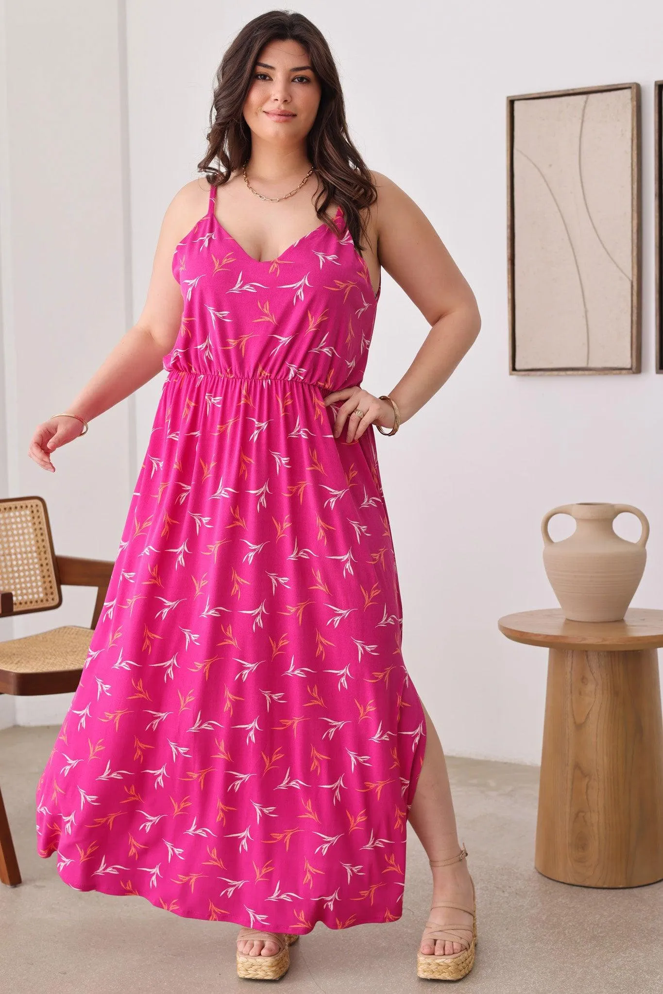 Plus Size Floral Sleeveless Side Slit Maxi Dresses