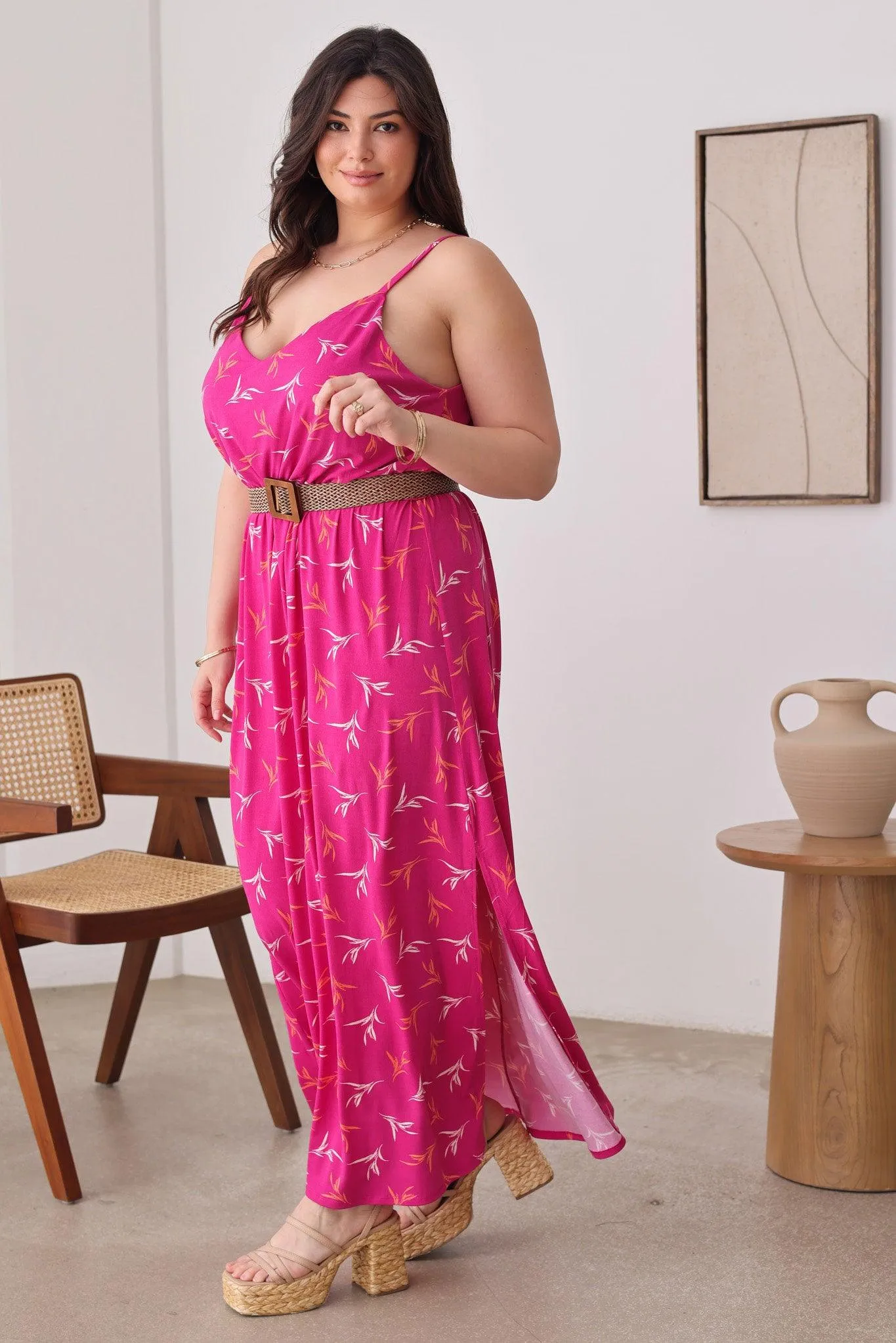 Plus Size Floral Sleeveless Side Slit Maxi Dresses