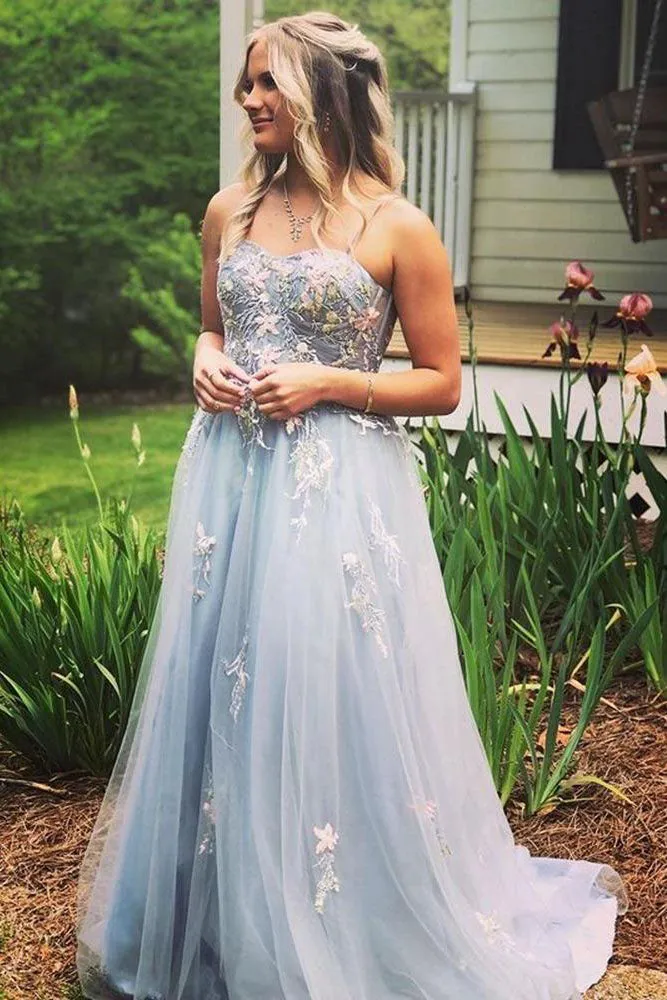 Popular Evening Dresses Sweetheart Tulle Long Prom Dresses with AppliquesFashion Formal Dresses