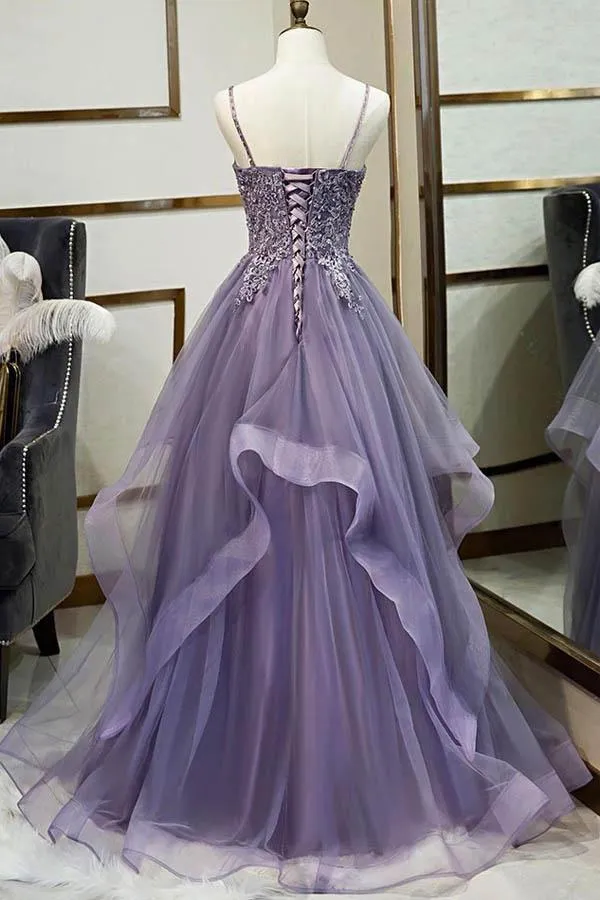 Purple Tulle A-line V-neck Spaghetti Straps Prom Dress With Lace Appliques, SP618