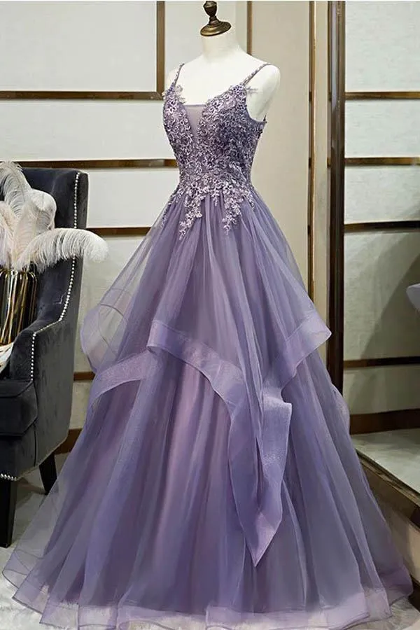 Purple Tulle A-line V-neck Spaghetti Straps Prom Dress With Lace Appliques, SP618