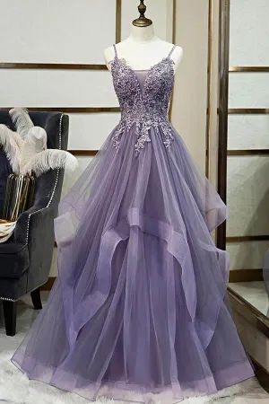 Purple Tulle A-line V-neck Spaghetti Straps Prom Dress With Lace Appliques, SP618