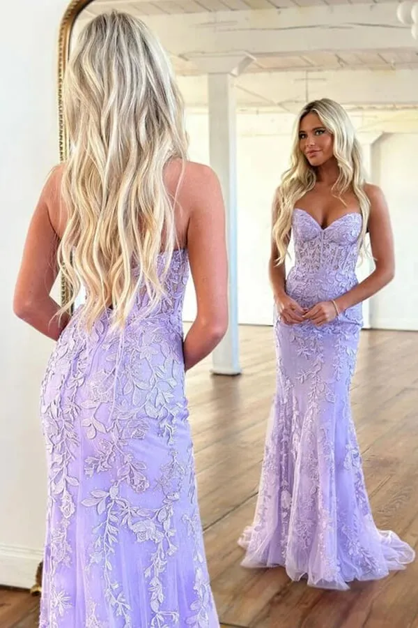 Purple Tulle Mermaid Sweetheart Neck Lace Appliques Long Prom Dress, SP897