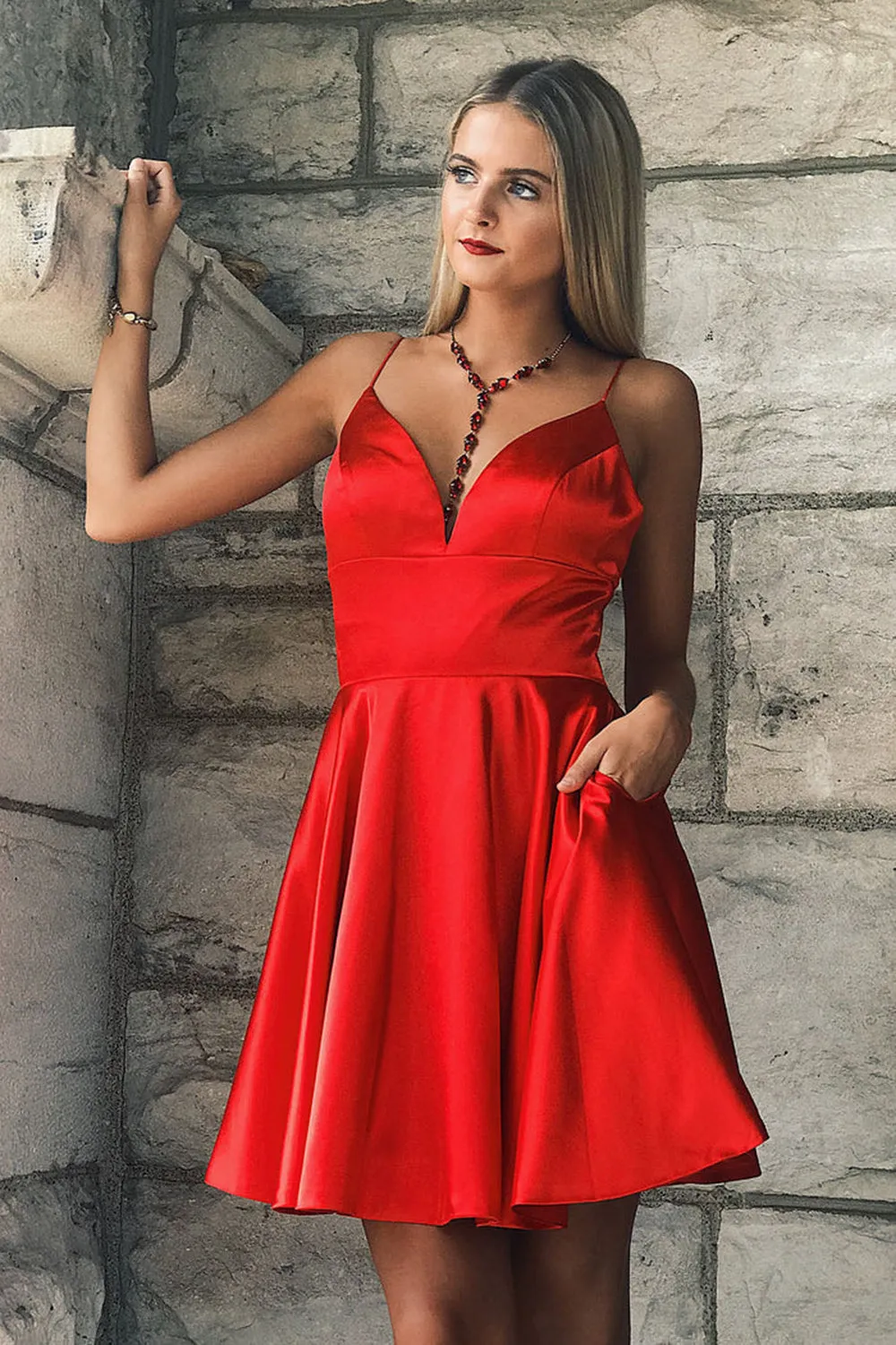 Red A-Line Spaghetti Straps Satin Short Homecoming Dress