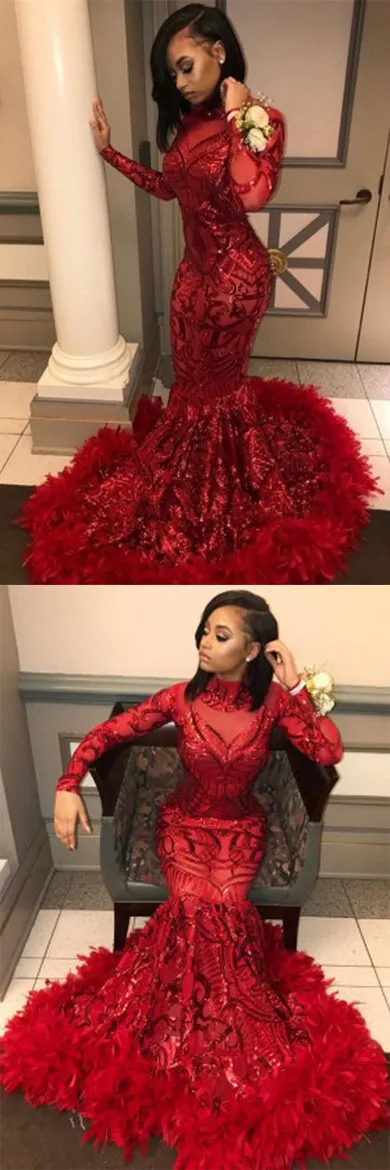 Red Long Sleeve Mermaid Sequins Prom Dress Evening Gowns With Feather, SP450