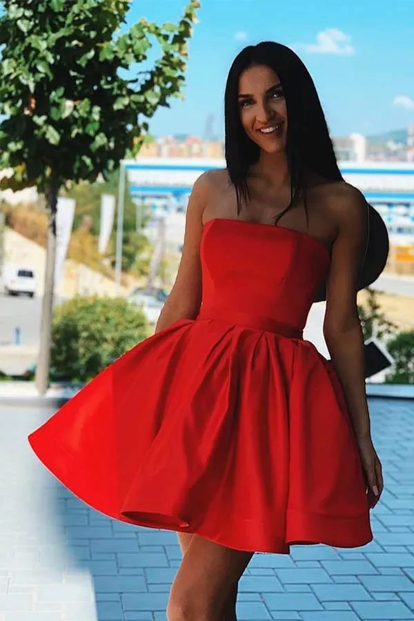 Red Satin A-line Strapless Short Homecoming Dresses, Short Party Dresses, SH567