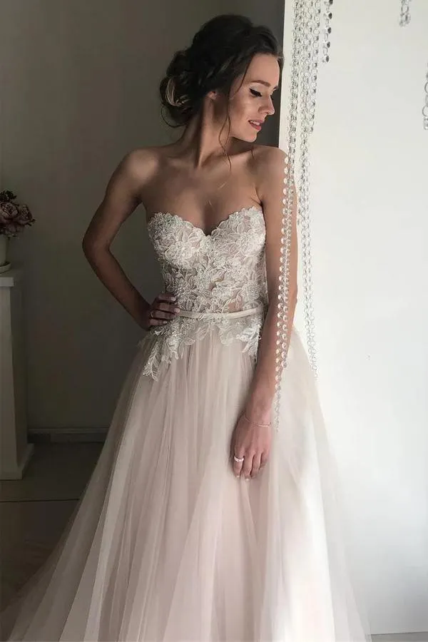 Romantic Tulle A-line Sweetheart Lace Bridal Gown, Boho Wedding Dress, SW622