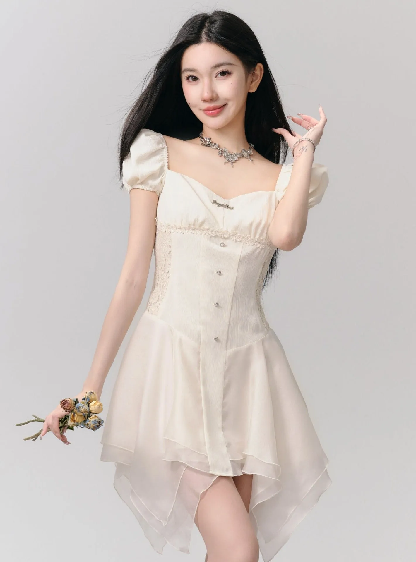 Romantic White Puff Sleeve Mini Dress - Corset-Style Bodice with Handkerchief Hem