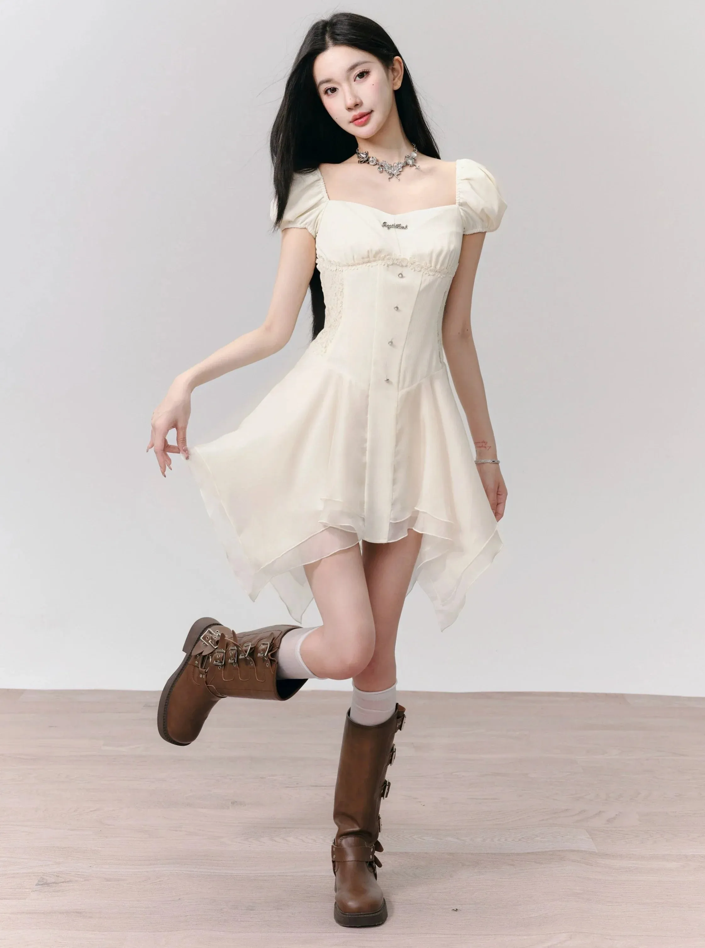 Romantic White Puff Sleeve Mini Dress - Corset-Style Bodice with Handkerchief Hem