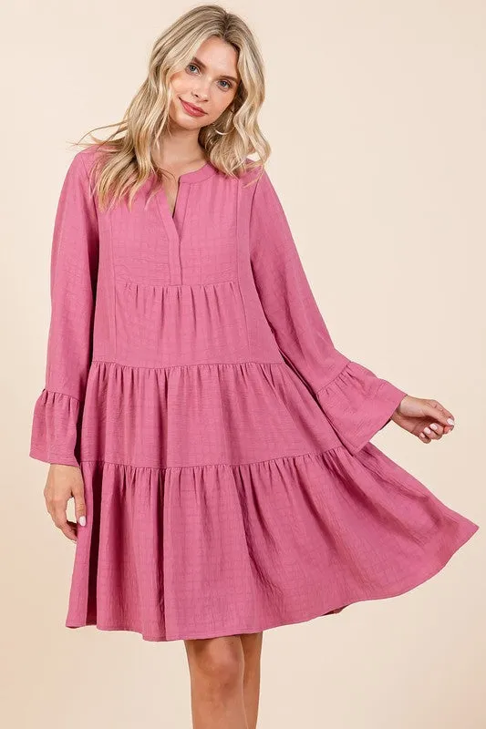 Rose Textured Long Bell Sleeve Tiered Mini Dress