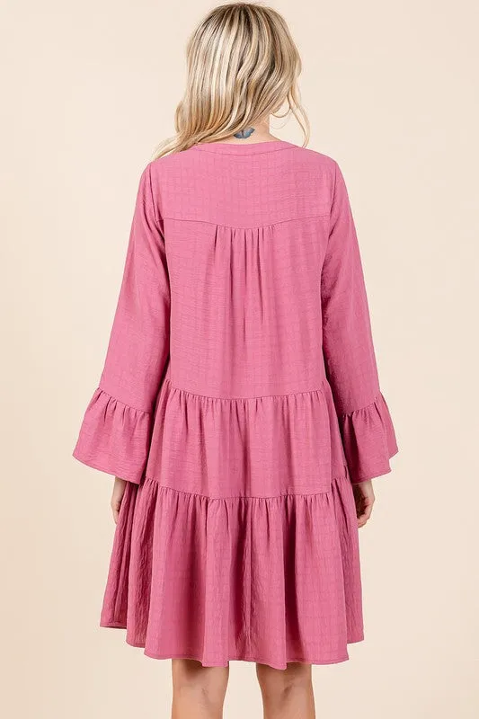 Rose Textured Long Bell Sleeve Tiered Mini Dress