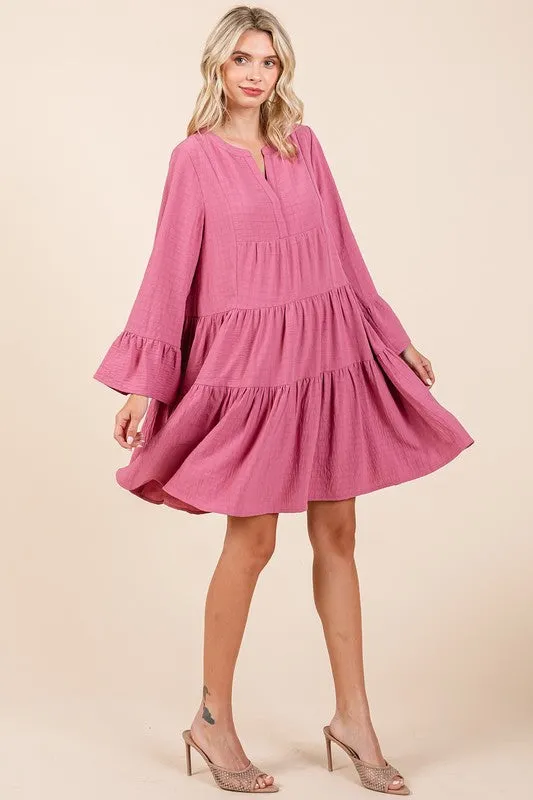 Rose Textured Long Bell Sleeve Tiered Mini Dress