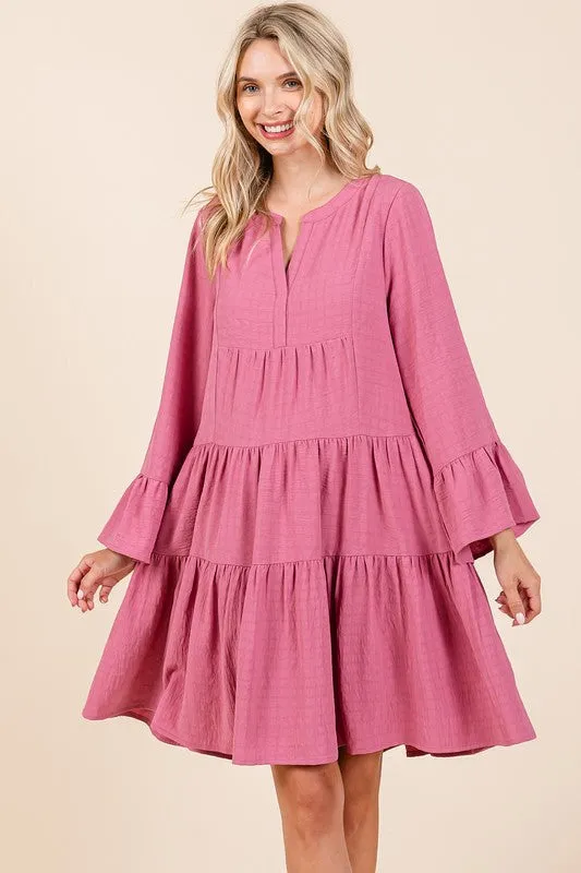 Rose Textured Long Bell Sleeve Tiered Mini Dress