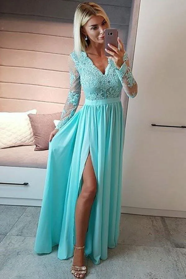 Royal Blue Chiffon A-line Long Sleeves Prom Dresses With Lace Appliques, SP967