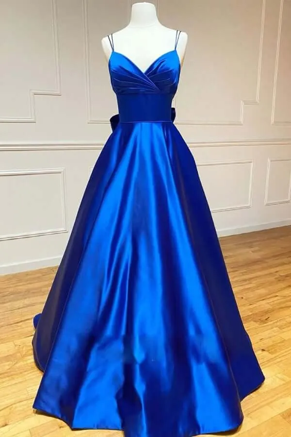 Royal Blue Satin A-line V-neck Spaghetti Straps Prom Dresses, Evening Gown, SP737