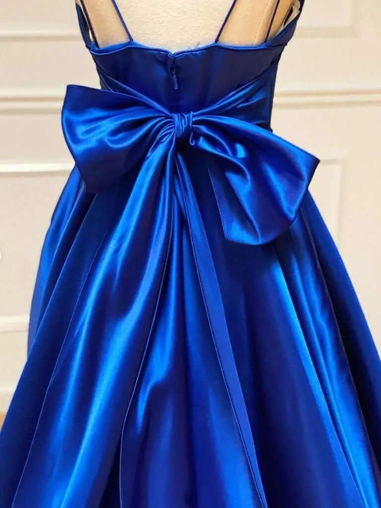 Royal Blue Satin A-line V-neck Spaghetti Straps Prom Dresses, Evening Gown, SP737