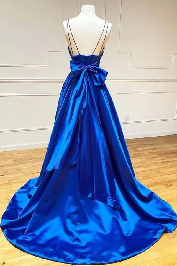 Royal Blue Satin A-line V-neck Spaghetti Straps Prom Dresses, Evening Gown, SP737