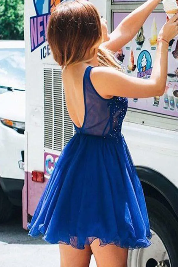 Royal Blue Tulle A-line V-neck Beaded Homecoming Dress With Appliques, SH592