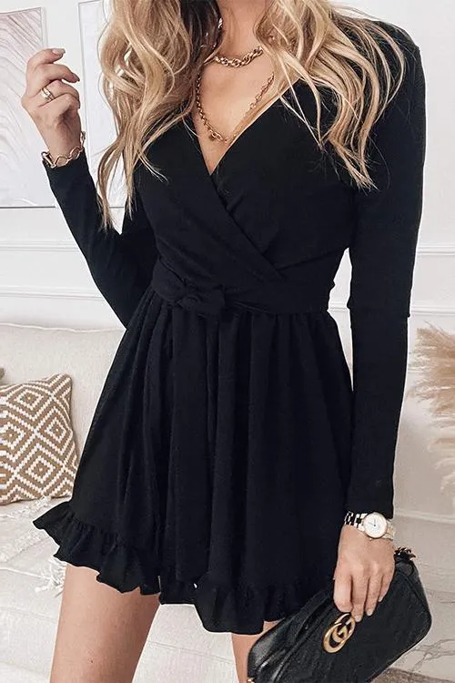 Ruffles V Neck Long Sleeve Wrap Mini DRESS