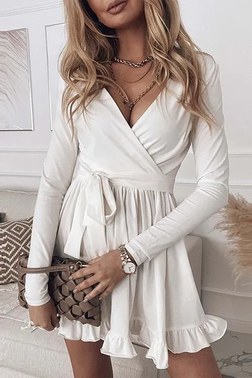 Ruffles V Neck Long Sleeve Wrap Mini DRESS