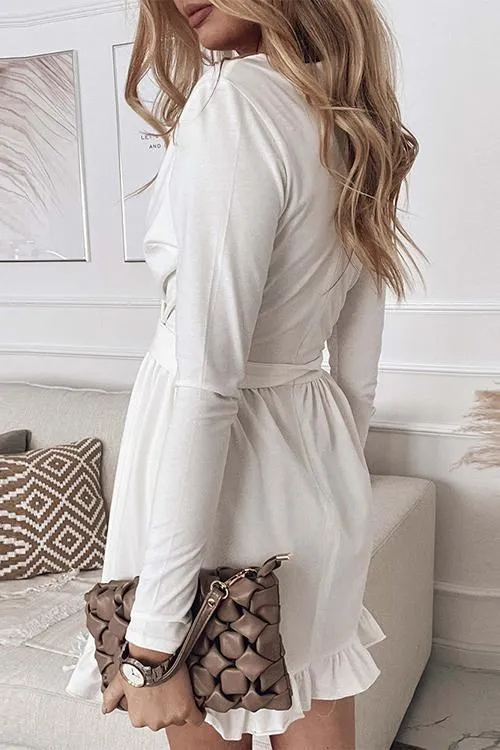 Ruffles V Neck Long Sleeve Wrap Mini DRESS