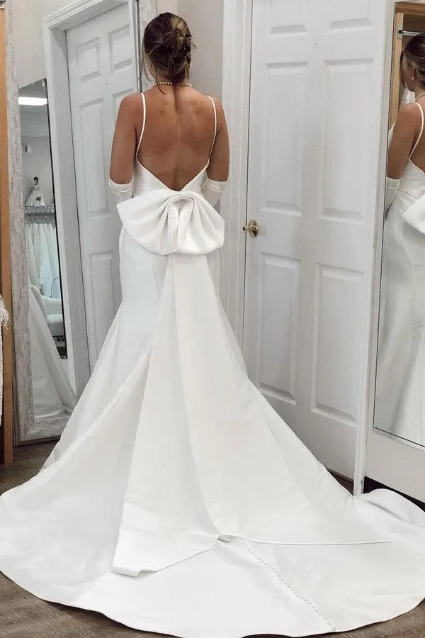 Satin Mermaid V-neck Open Back Wedding Dresses With Detachable Bow, SW619