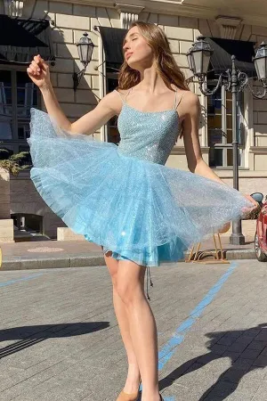 Shiny Sky Blue Tulle Sequins Homecoming Dresses, Short Prom Dresses, SH614